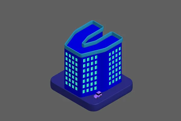 Isometric Modern Düz Bina Vektörü çizimi. Vektör izometrik gelecekçi yeni şehir