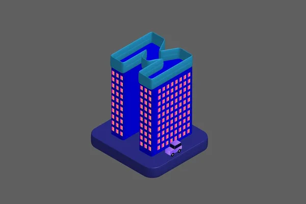 Isometric Modern Düz Bina Vektörü çizimi. Vektör izometrik gelecekçi yeni şehir