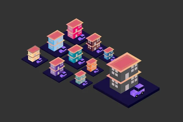 Isometric Modern Düz Bina Vektörü çizimi. Vektör izometrik gelecekçi yeni şehir