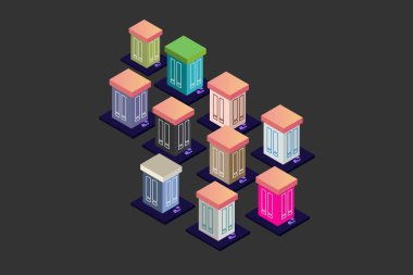 Isometric Modern Düz Bina Vektörü çizimi. Vektör izometrik gelecekçi yeni şehir