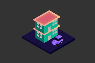 Isometric Modern Düz Bina Vektörü çizimi. Vektör izometrik gelecekçi yeni şehir