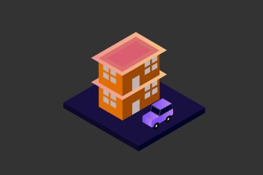 Isometric Modern Düz Bina Vektörü çizimi. Vektör izometrik gelecekçi yeni şehir