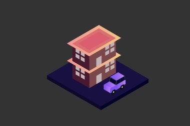 Isometric Modern Düz Bina Vektörü çizimi. Vektör izometrik gelecekçi yeni şehir