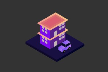 Isometric Modern Düz Bina Vektörü çizimi. Vektör izometrik gelecekçi yeni şehir