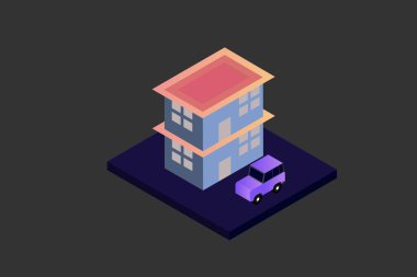 Isometric Modern Düz Bina Vektörü çizimi. Vektör izometrik gelecekçi yeni şehir