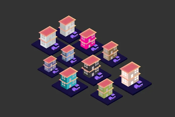 Isometric Modern Düz Bina Vektörü çizimi. Vektör izometrik gelecekçi yeni şehir