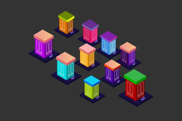 Isometric Modern Düz Bina Vektörü çizimi. Vektör izometrik gelecekçi yeni şehir