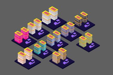 Isometric Modern Düz Bina Vektörü çizimi. Vektör izometrik gelecekçi yeni şehir