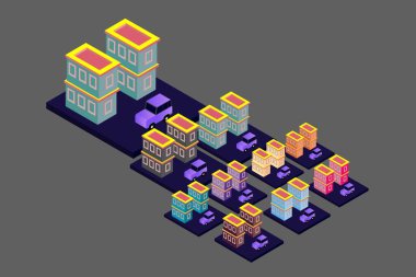 Isometric Modern Düz Bina Vektörü çizimi. Vektör izometrik gelecekçi yeni şehir