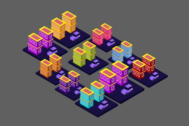 Isometric Modern Düz Bina Vektörü çizimi. Vektör izometrik gelecekçi yeni şehir