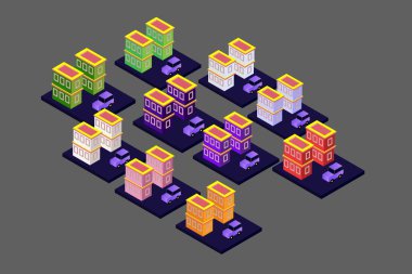 Isometric Modern Düz Bina Vektörü çizimi. Vektör izometrik gelecekçi yeni şehir