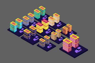 Isometric Modern Düz Bina Vektörü çizimi. Vektör izometrik gelecekçi yeni şehir
