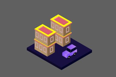 Isometric Modern Düz Bina Vektörü çizimi. Vektör izometrik gelecekçi yeni şehir