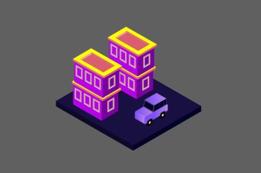 Isometric Modern Düz Bina Vektörü çizimi. Vektör izometrik gelecekçi yeni şehir