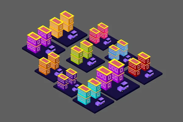Isometric Modern Düz Bina Vektörü çizimi. Vektör izometrik gelecekçi yeni şehir