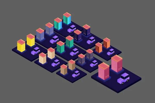Isometric Modern Düz Bina Vektörü çizimi. Vektör izometrik gelecekçi yeni şehir