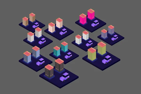 Isometric Modern Düz Bina Vektörü çizimi. Vektör izometrik gelecekçi yeni şehir