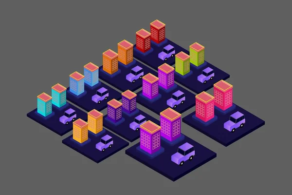 Isometric Modern Düz Bina Vektörü çizimi. Vektör izometrik gelecekçi yeni şehir