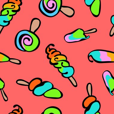Parlak dondurma. Yaz tatlıları. Dikişsiz vektör deseni (arka plan). Parlak tasarım.