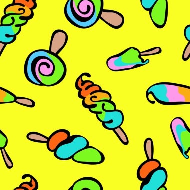 Parlak dondurma. Yaz tatlıları. Dikişsiz vektör deseni (arka plan). Elle çizilmiş illüstrasyon. Parlak tasarım.