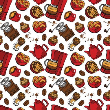Kahve deseni. Kahve makinesi ve kahve fincanı. Dikişsiz vektör deseni (arka plan).