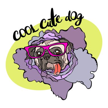 Serin sevimli köpek. Köpek. Pug. Çiçek. Yazı. Beyaz arka planda yalıtılmış vektör yalıtılmış nesne.