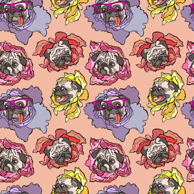 Köpek. Pug. Çiçek. Dikişsiz vektör deseni (arka plan).