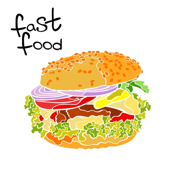 Restauration rapide. Burger. Objet vectoriel isolé sur fond blanc. Illustration dessinée à la main . — Image vectorielle