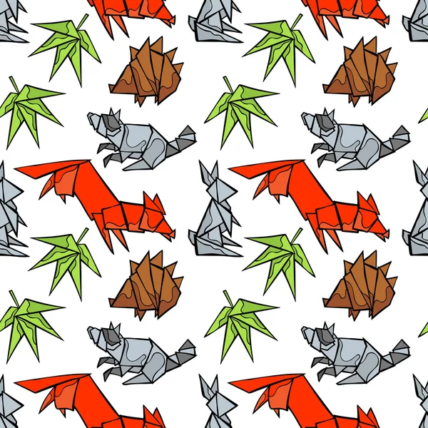 折り紙。森の動物:キツネ、アライグマ、ウサギ、ハリネズミ。葉。シームレスなベクトルパターン(背景)。手描きのパターン. — ストックベクタ