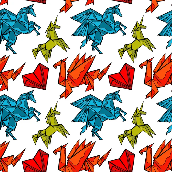 Origami. Magische dieren: Dragon, Pegasus, Eenhoorn. Hart. Naadloos vector patroon (achtergrond). — Stockvector