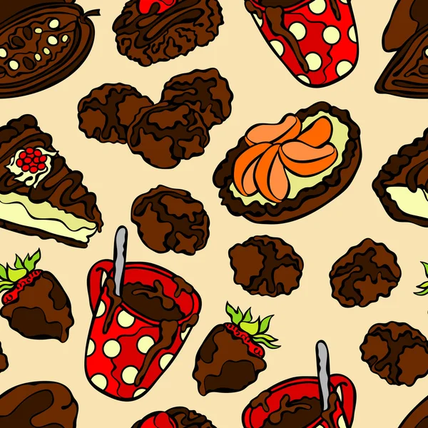 Schokoladenmuster: Süßigkeiten, Gebäck, Bonbons, Kekse, heißer Schokoladenkrug, Kuchenstück und mit Schokolade überzogene Erdbeeren. nahtlose Vektormuster (Hintergrund). — Stockvektor