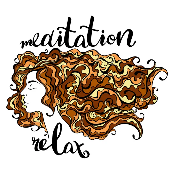 Hermosa joven con el pelo largo. Meditación y relax. Objeto vectorial aislado sobre fondo blanco . — Vector de stock