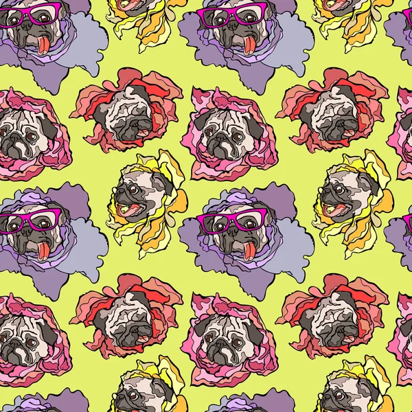 Hond. Pug. Bloem. Naadloos vector patroon (achtergrond). — Stockvector