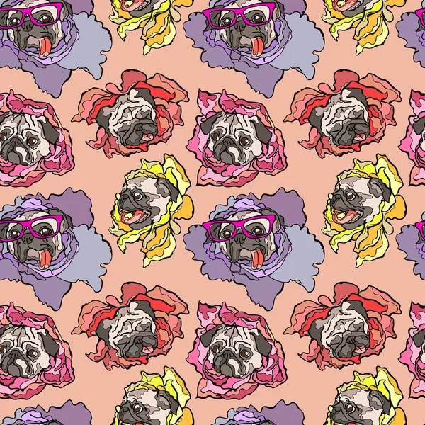 Perro. Pug. Flor. Patrón de vector sin costura (fondo ). — Vector de stock