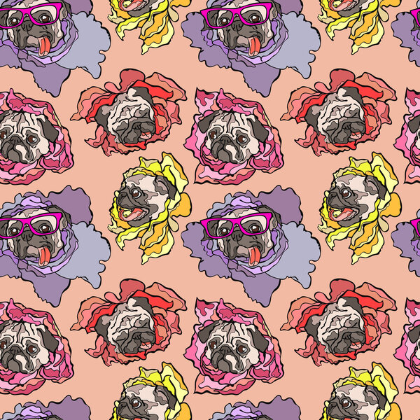 Собака. Мопс. Цветок. Бесшовный векторный рисунок (фон)
).