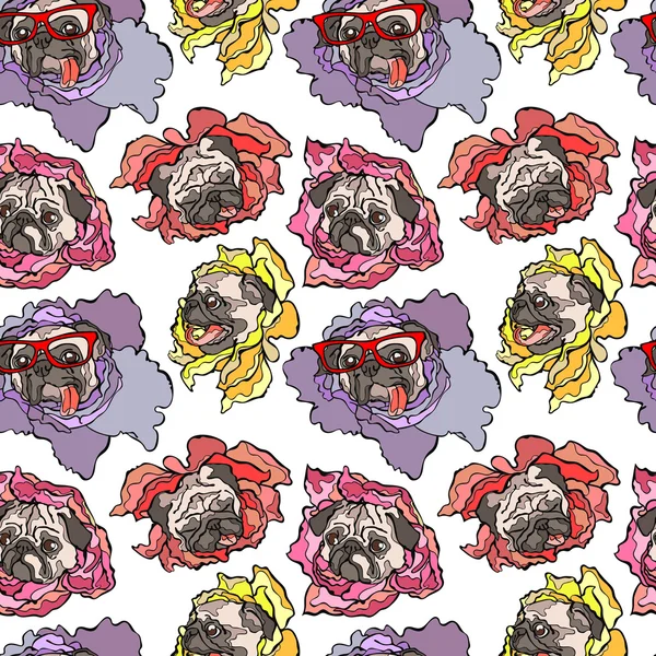 Hond. Pug. Bloem. Naadloos vector patroon (achtergrond). — Stockvector