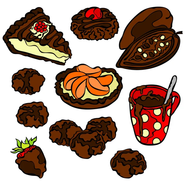 Chocolate pattern: sweets, pastry, candy, cookies, hot chocolate mug, slice of cake and chocolate covered strawberries. Isolated vector object on white background. Stock Illustration