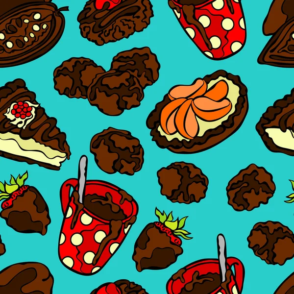 Chocolate pattern: sweets, pastry, candy, cookies, hot chocolate mug, slice of cake and chocolate covered strawberries. Seamless vector pattern (background). Stock Vector