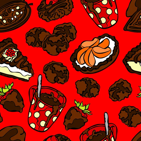 Chocolate pattern: sweets, pastry, candy, cookies, hot chocolate mug, slice of cake and chocolate covered strawberries. Seamless vector pattern (background). Vector Graphics