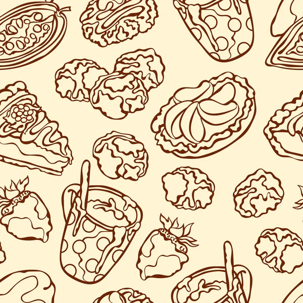 Chocolate pattern: sweets, pastry, candy, cookies, hot chocolate mug, slice of cake and chocolate covered strawberries. Seamless vector pattern (background). Stock Illustration