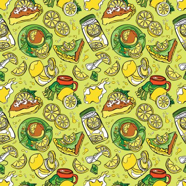 Limon desen: limon meyve, hamur işleri, limon pasta, limon çay. Ferahlatıcı limon suyu ve kokteyl. Su sıçrat ve düşer. Vektör dikişsiz desen.