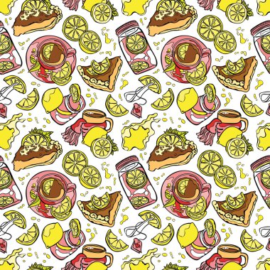 Limon desen: limon meyve, hamur işleri, limon pasta, limon çay. Ferahlatıcı limon suyu ve kokteyl. Su sıçrat ve düşer. Vektör dikişsiz desen.