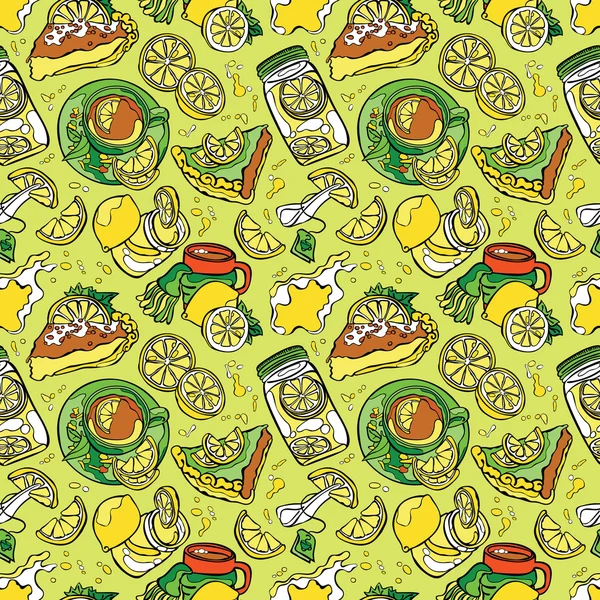 Patrón de limón: fruta de limón, pasteles, pastel de limón, té de limón. Refrescante jugo de limón y cóctel. Salpicadura y gotas. Patrón sin costura vectorial . — Archivo Imágenes Vectoriales