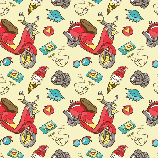 Vector seamless pattern: scooter, camera, player, sunglasses, ice cream, apple and sea shell. — Stock Vector