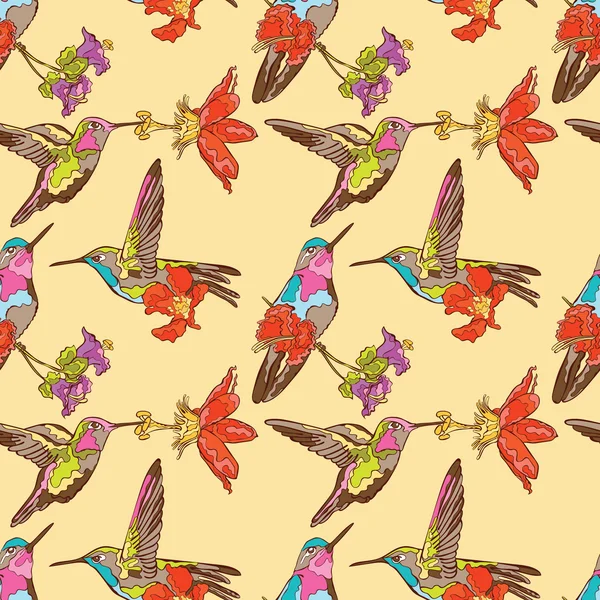 Small bird. Hummingbirds. Floral pattern. Vector seamless pattern (background). — Stock Vector