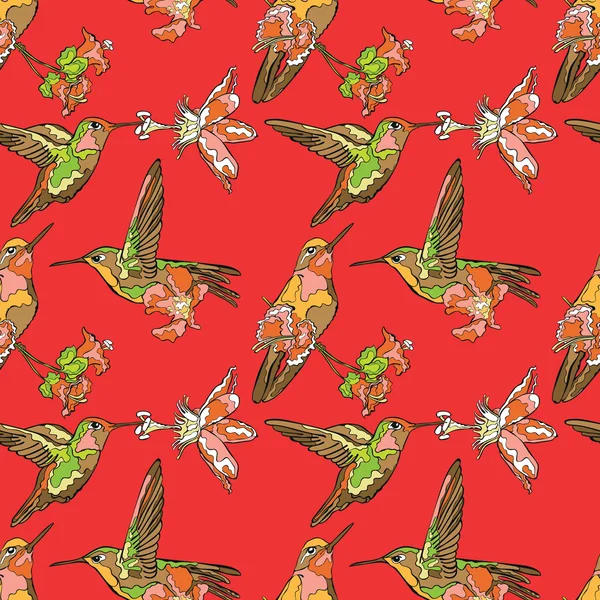 Pequeño pájaro. Colibríes. Patrón floral. Patrón sin costura vectorial (fondo ). — Archivo Imágenes Vectoriales