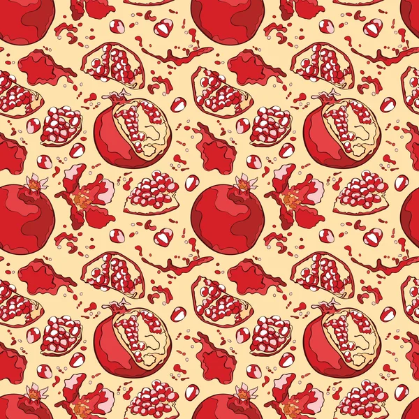 Granada. Fruta jugosa. Rocía jugo y gotas de jugo. Patrón sin costura vectorial (fondo ). — Archivo Imágenes Vectoriales