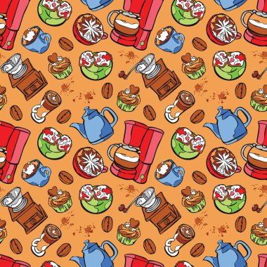 Kahve deseni. Kahve demliği ve kahve fincanı. Kahve Makinesi. Kahve çekirdeği ve kahve lekesi. Kahve tatlısı - cupcake. Vektör dikişsiz desen (arka plan).