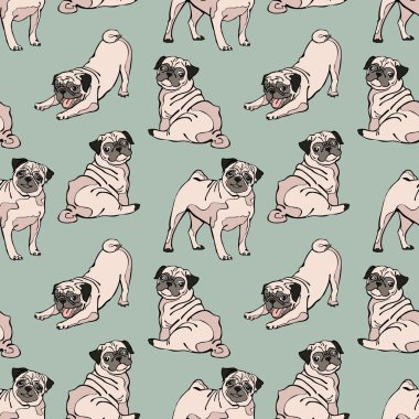 Sevimli köpekler. Pug. Vektör dikişsiz desen.