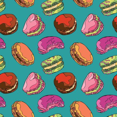 Macaroon, ne kadar. Tatlı - Şeker. Vektör dikişsiz desen (arka plan). Parlak renkli çizim.